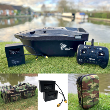 Lake Reaper Brushless Bait Boat Silver Carbon - Carryall, Lithium Batteries & Camo TX Case Bundle